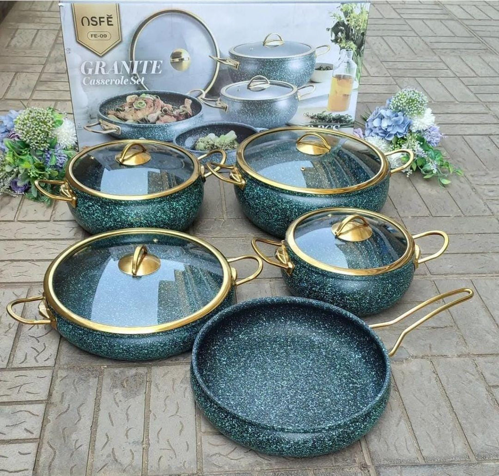 9PCS Granite Coating Kitchen Cookware Set – Green with Gold Handles & Glass Lids