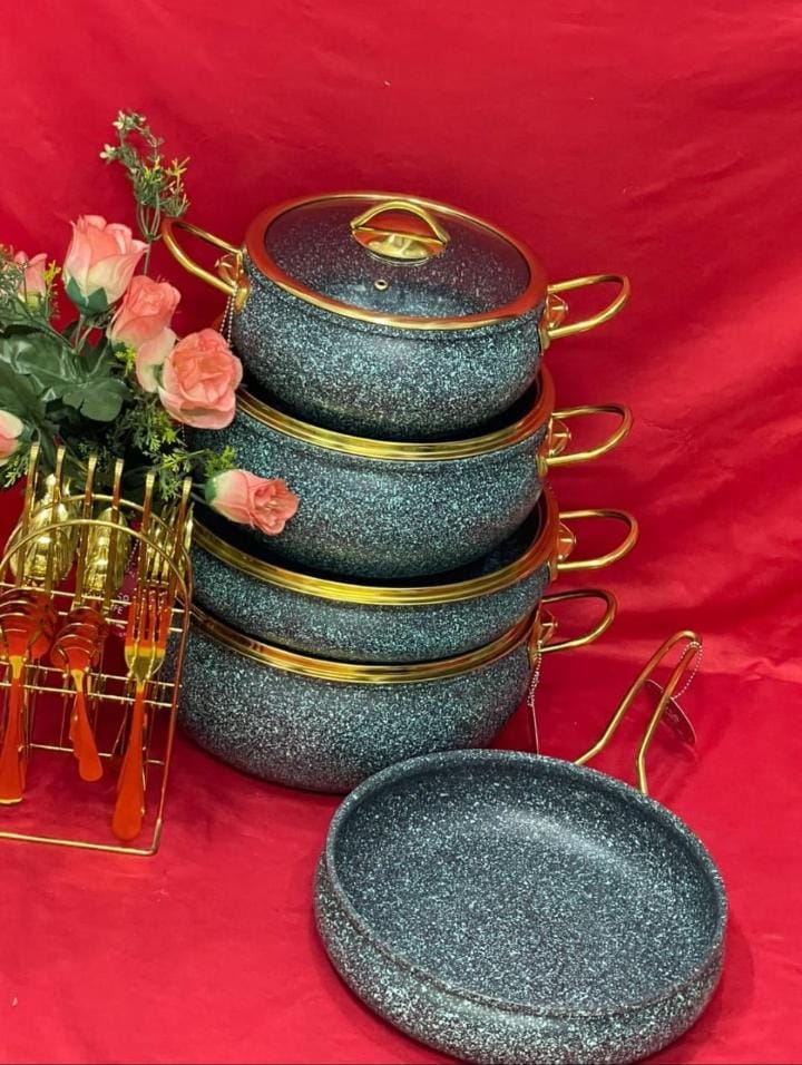 9PCS Granite Coating Kitchen Cookware Set – Green with Gold Handles & Glass Lids