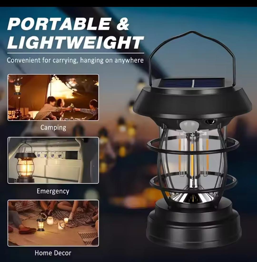 Solar & USB Rechargeable Vintage Camping Lantern – Motion Sensor | Portable LED Filament Light for Outdoor & Home