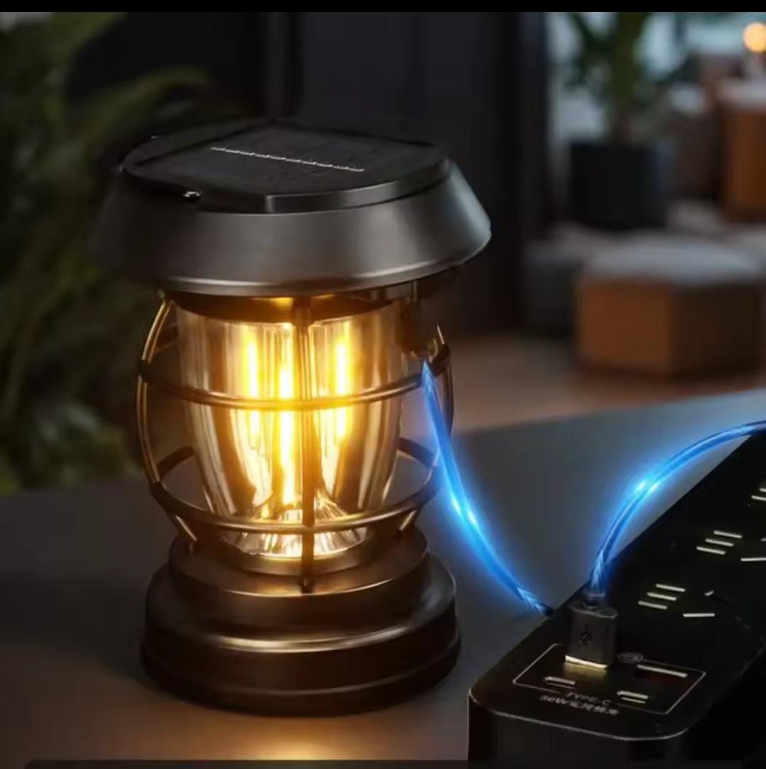Solar & USB Rechargeable Vintage Camping Lantern – Motion Sensor | Portable LED Filament Light for Outdoor & Home