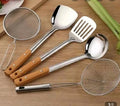 5-Piece Stainless Steel Kitchen Utensil Set – Wooden Handles | Spatula, Ladle, Strainer & Skimmer