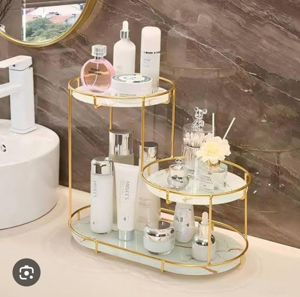 3-Level Gold Frame Marble Tray Organizer Rack | Vanity & Bathroom Countertop Storage