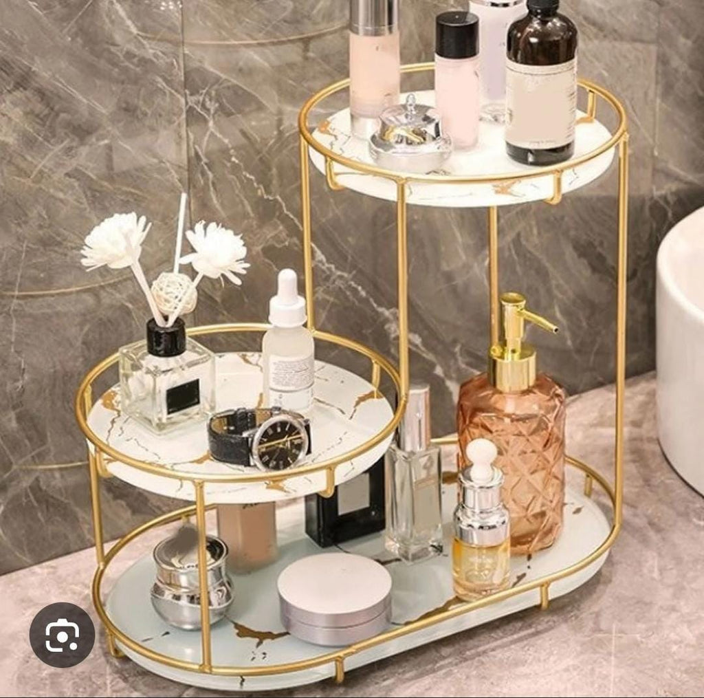 3-Level Gold Frame Marble Tray Organizer Rack | Vanity & Bathroom Countertop Storage