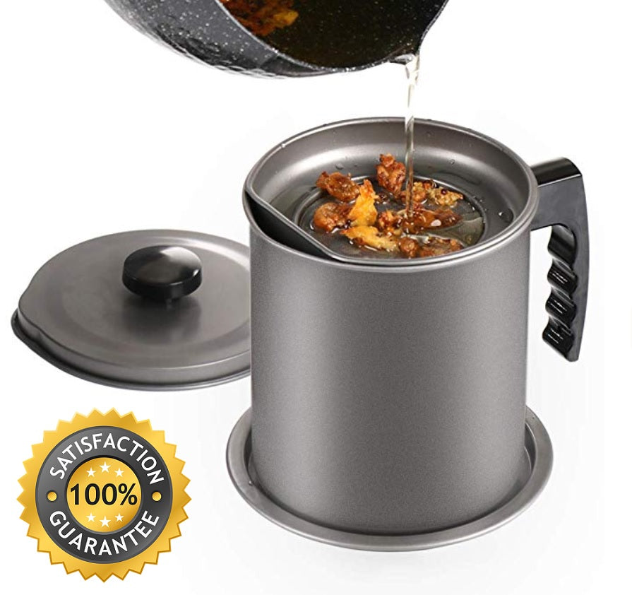 Metallic Black 1.5L Oil Strainer Pot with Stainless Mesh Filter & Lid | Food Grade | Reusable
