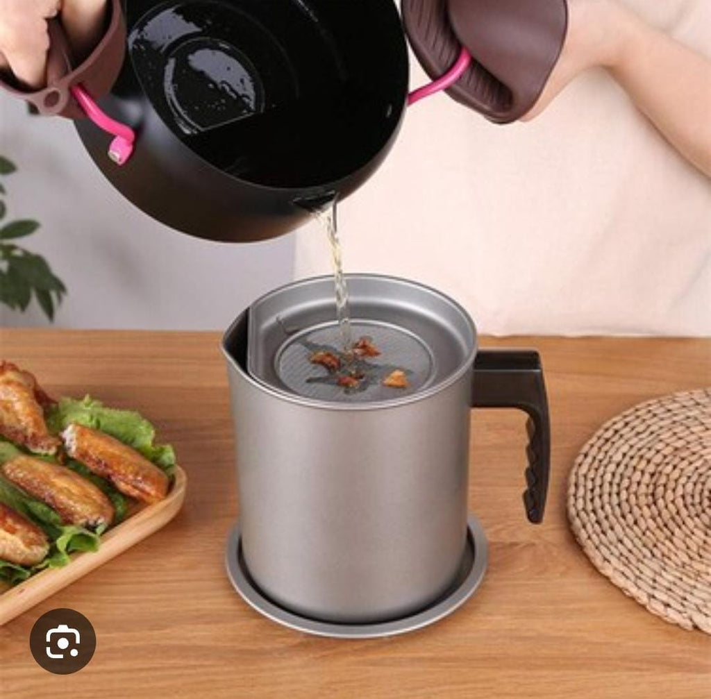 Metallic Black 1.5L Oil Strainer Pot with Stainless Mesh Filter & Lid | Food Grade | Reusable