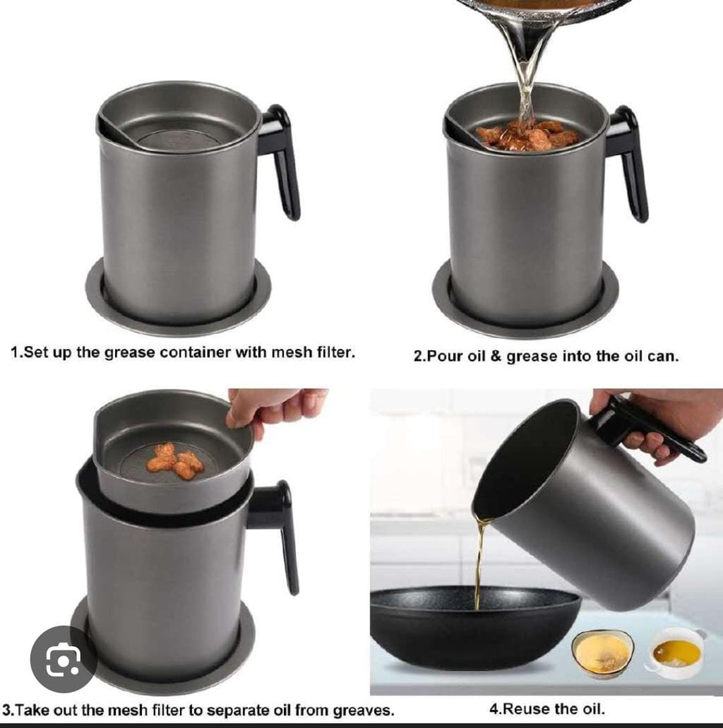 Metallic Black 1.5L Oil Strainer Pot with Stainless Mesh Filter & Lid | Food Grade | Reusable