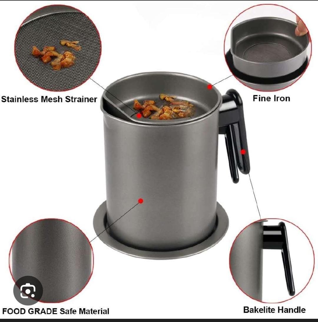 Metallic Black 1.5L Oil Strainer Pot with Stainless Mesh Filter & Lid | Food Grade | Reusable