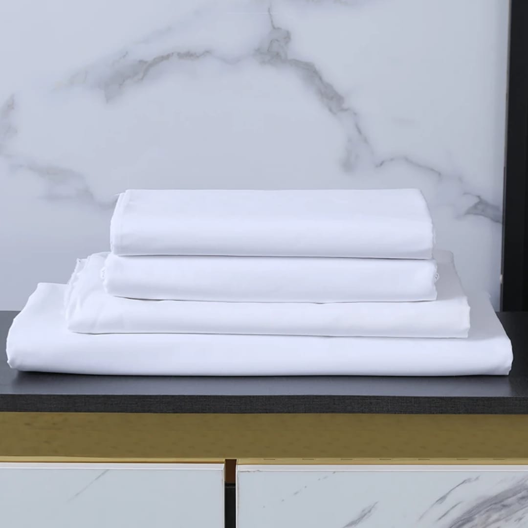 Cotton White Plain Bedsheet Set – 2 Flat Sheets + 4 Pillowcases