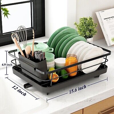 All-in-1 Single Layer Over-the-Sink Kitchen Dish Drainer Rack with Drip Tray & Cutlery Holder