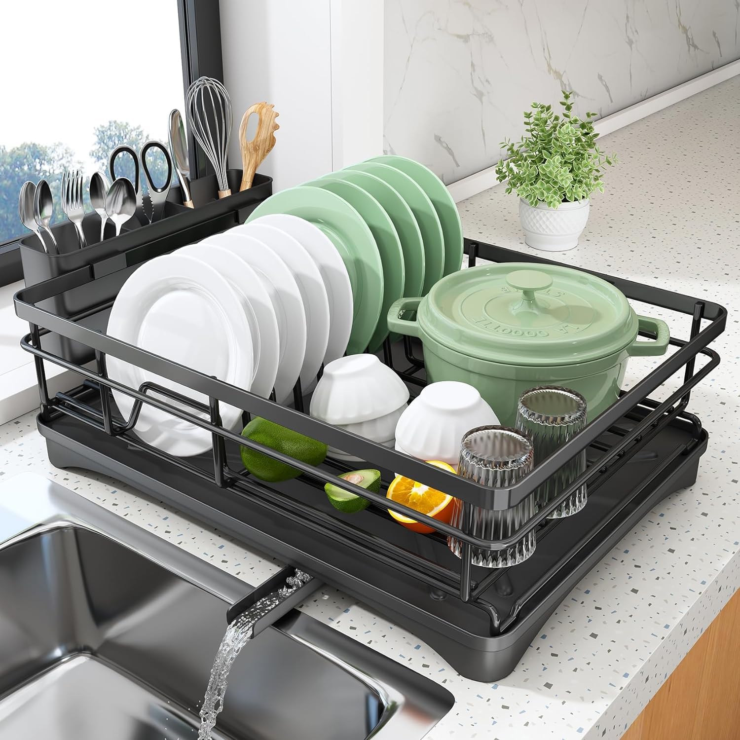 All-in-1 Single Layer Over-the-Sink Kitchen Dish Drainer Rack with Drip Tray & Cutlery Holder