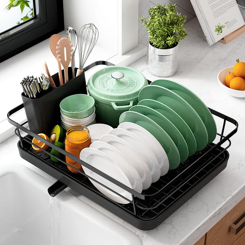 All-in-1 Single Layer Over-the-Sink Kitchen Dish Drainer Rack with Drip Tray & Cutlery Holder