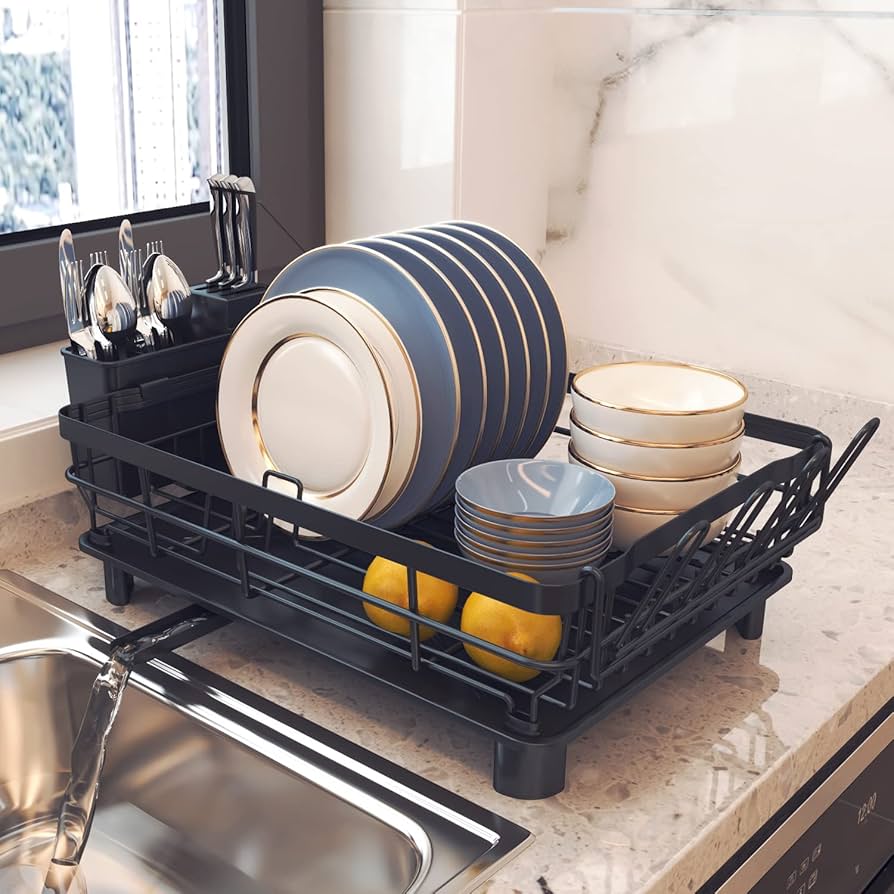 All-in-1 Single Layer Over-the-Sink Kitchen Dish Drainer Rack with Drip Tray & Cutlery Holder
