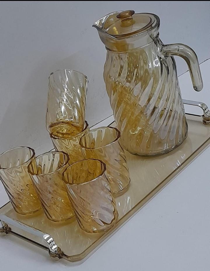 Glass Jug with Glasses & Tray Set – Gold & Black