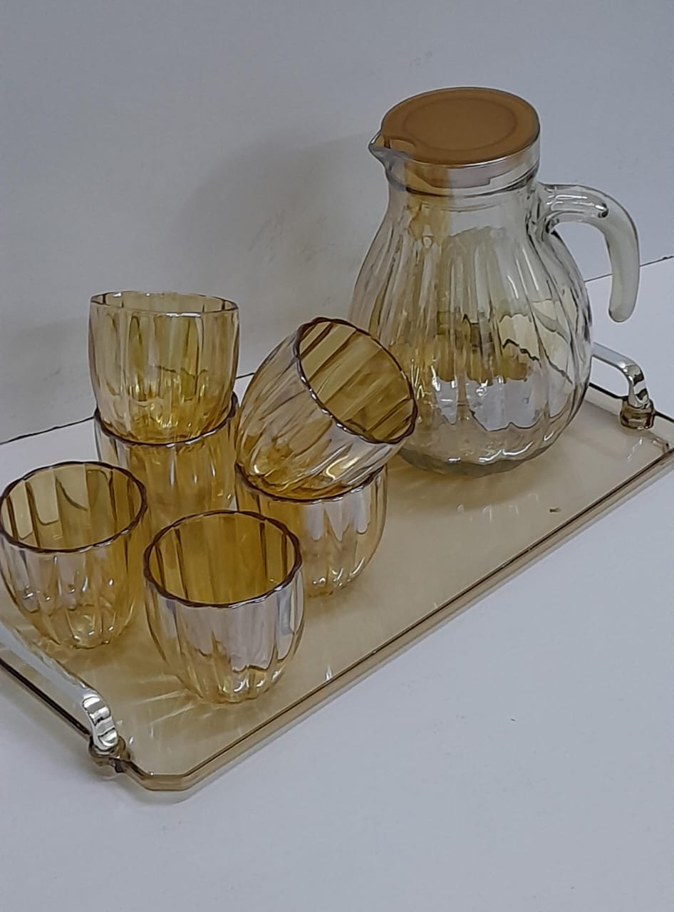 Glass Jug with Glasses & Tray Set – Gold & Black