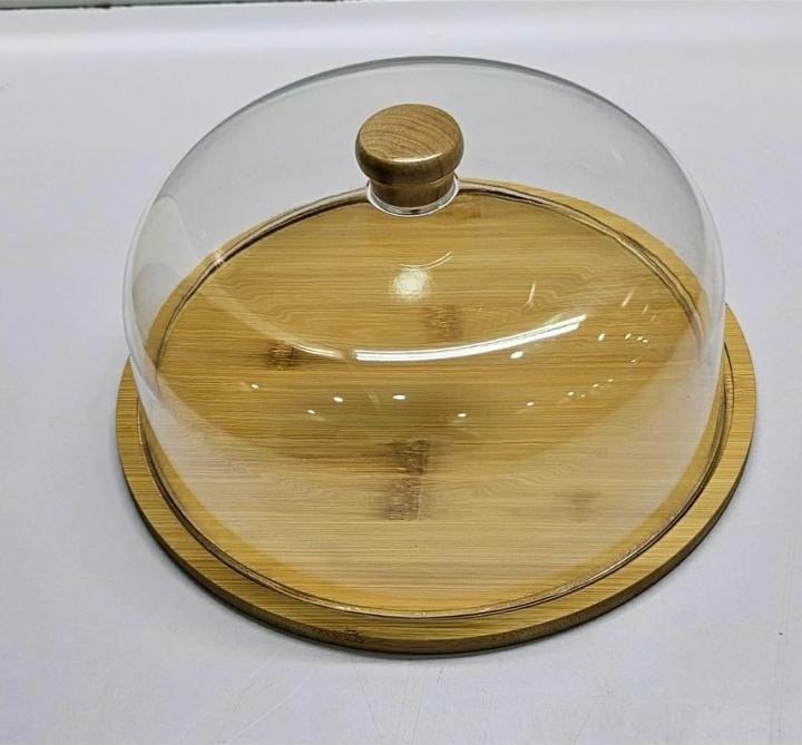 Bamboo Cake & Fruit Stand with Acrylic Dome Cover – 30cm