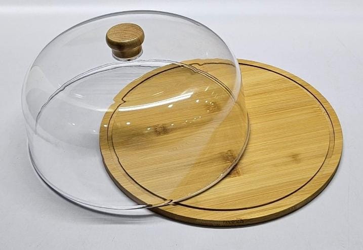 Bamboo Cake & Fruit Stand with Acrylic Dome Cover – 30cm