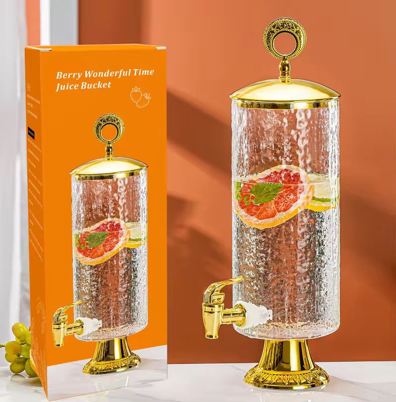 3.3L Glacier Berry Glass Juice & Drink Dispenser with Gold Metal Lid & Gold Base