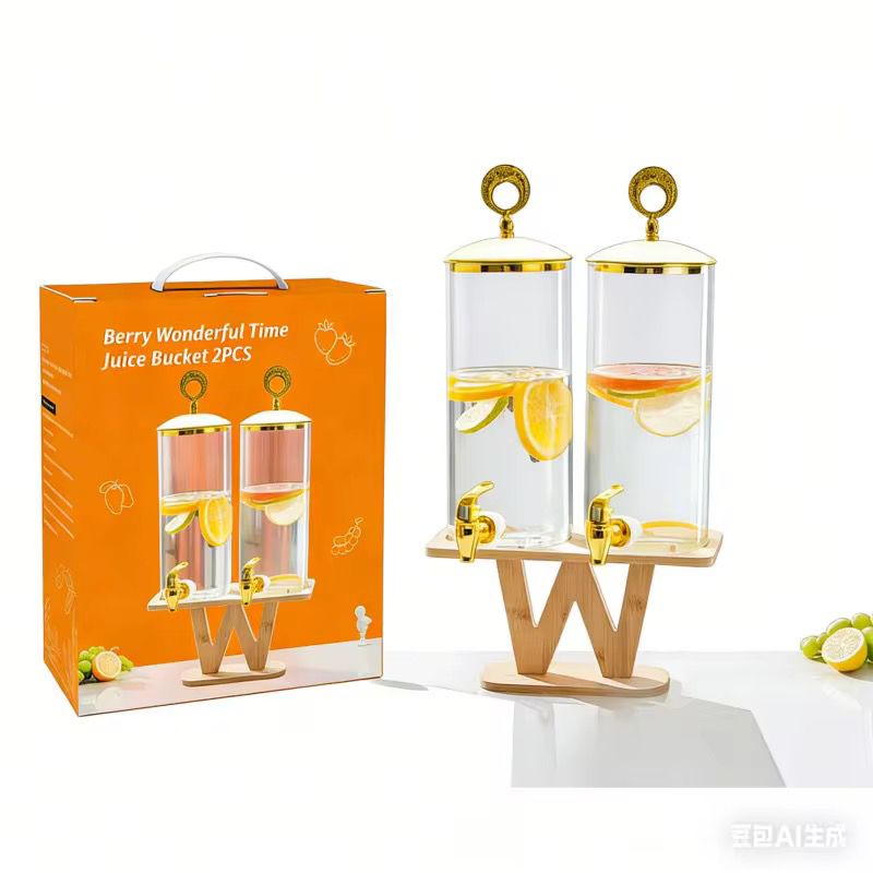 3.3L Each 2-Piece Glass Juice & Drink Dispenser Set with Gold Metal Lid & Bamboo Stand
