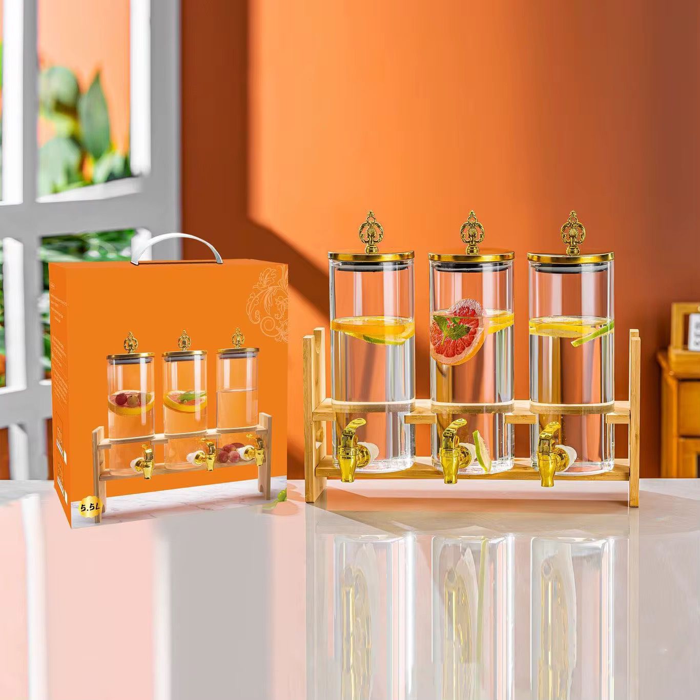 3.3L Each 2-Piece Glass Juice & Drink Dispenser Set with Gold Metal Lid & Bamboo Stand