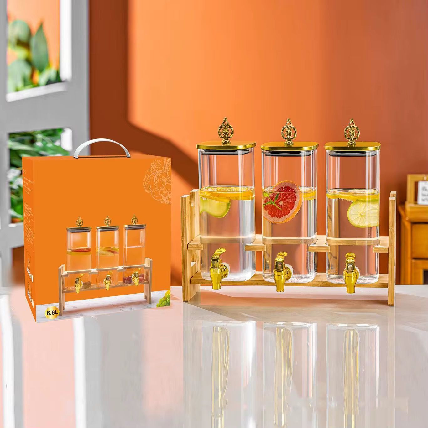 3.3L Each 2-Piece Glass Juice & Drink Dispenser Set with Gold Metal Lid & Bamboo Stand