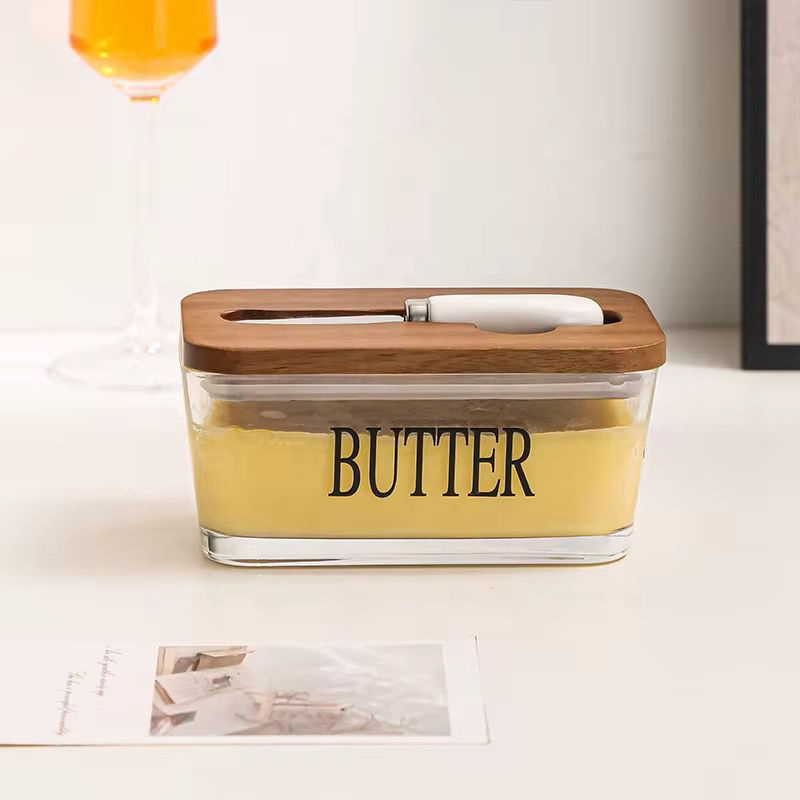 Glass Butter Dish with Bamboo Lid & Stainless Steel Butter Knife