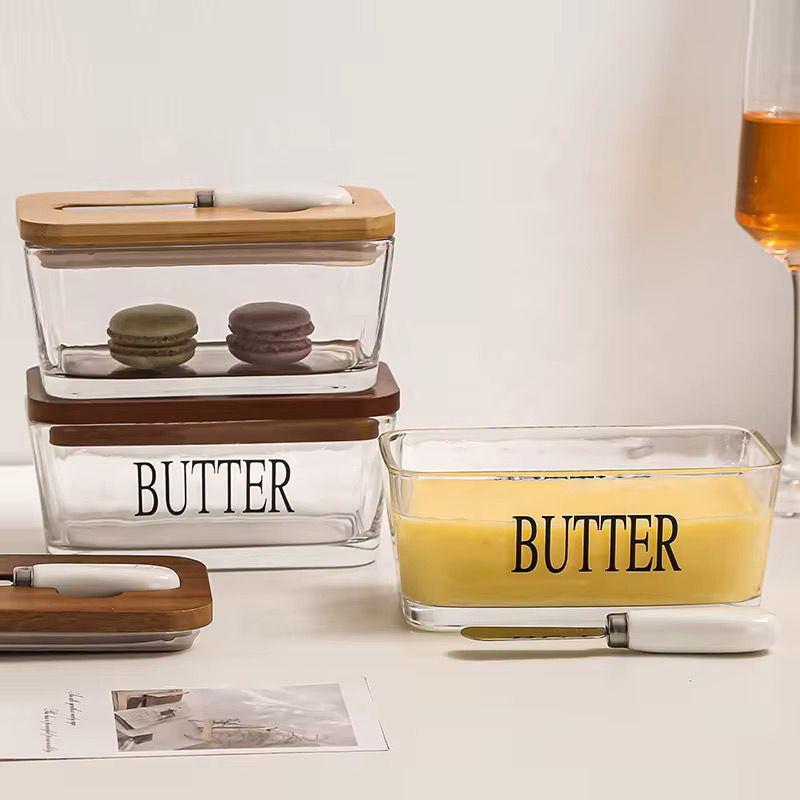 Glass Butter Dish with Bamboo Lid & Stainless Steel Butter Knife