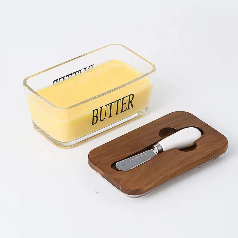 Glass Butter Dish with Bamboo Lid & Stainless Steel Butter Knife