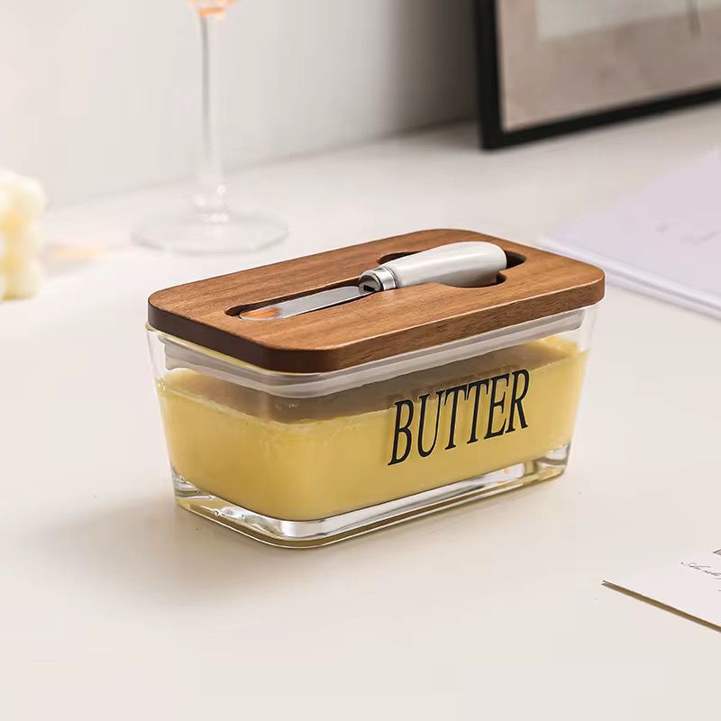 Glass Butter Dish with Bamboo Lid & Stainless Steel Butter Knife