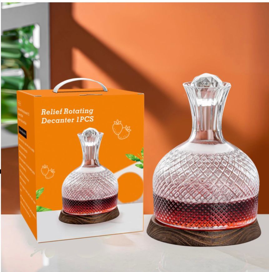 700ml Relief Rotating Glass Wine Decanter with Wooden Base