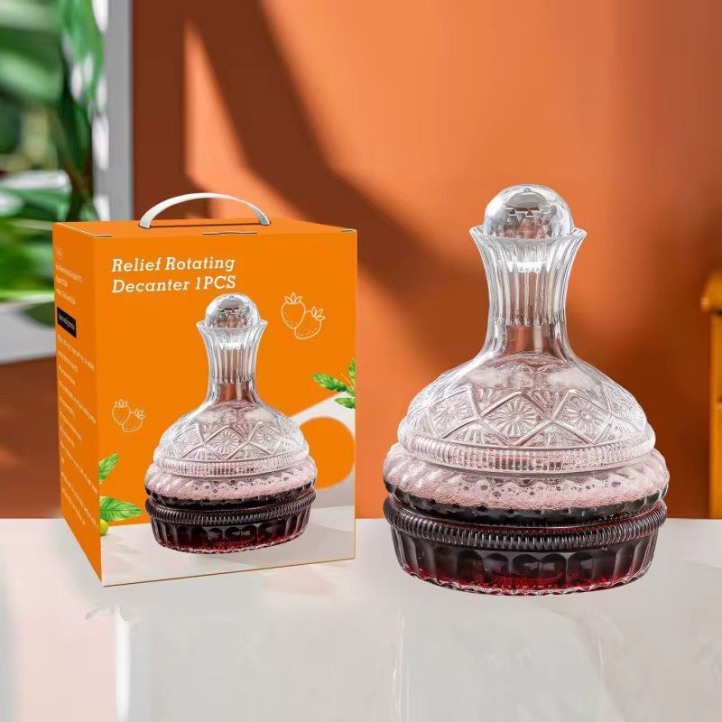 700ml Relief Rotating Glass Wine Decanter with Wooden Base