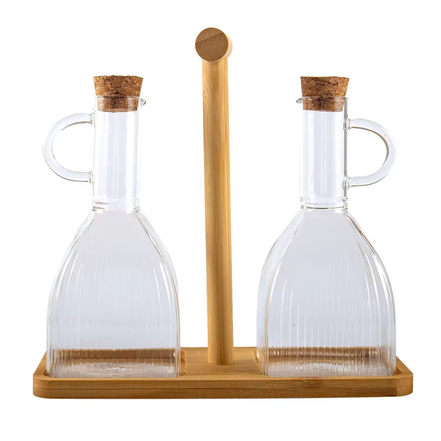 300ml Double High Borosilicate Glass Oil & Vinegar Bottle Set with Bamboo Stand