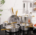 10-Piece Premium Hammered Stainless Steel Cookware Set with Gold Handles