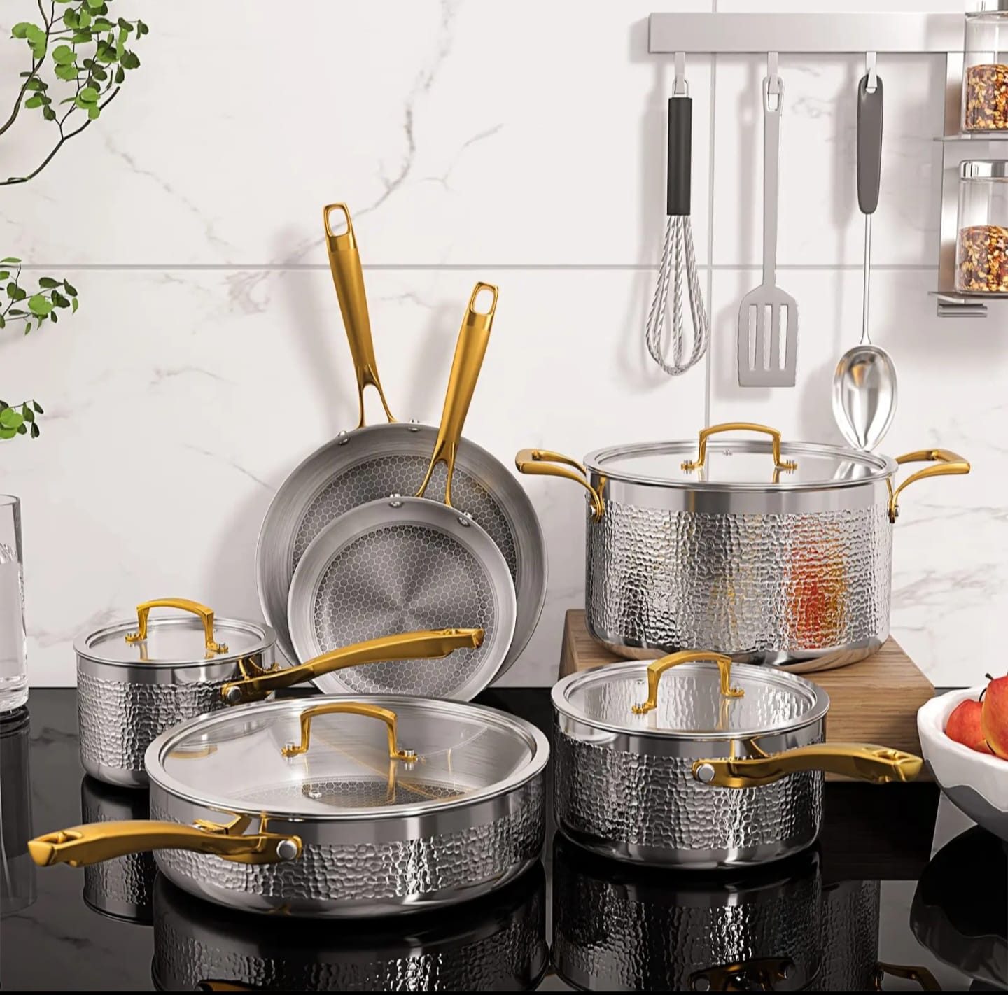 10-Piece Premium Hammered Stainless Steel Cookware Set with Gold Handles