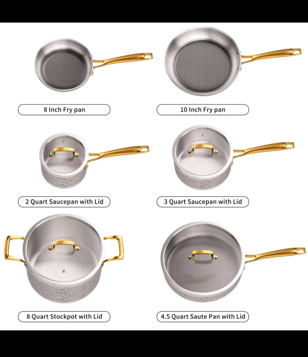10-Piece Premium Hammered Stainless Steel Cookware Set with Gold Handles