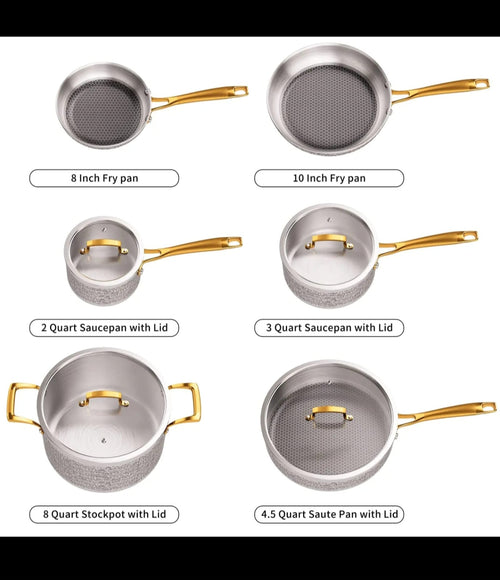 10-Piece Premium Hammered Stainless Steel Cookware Set with Gold Handles