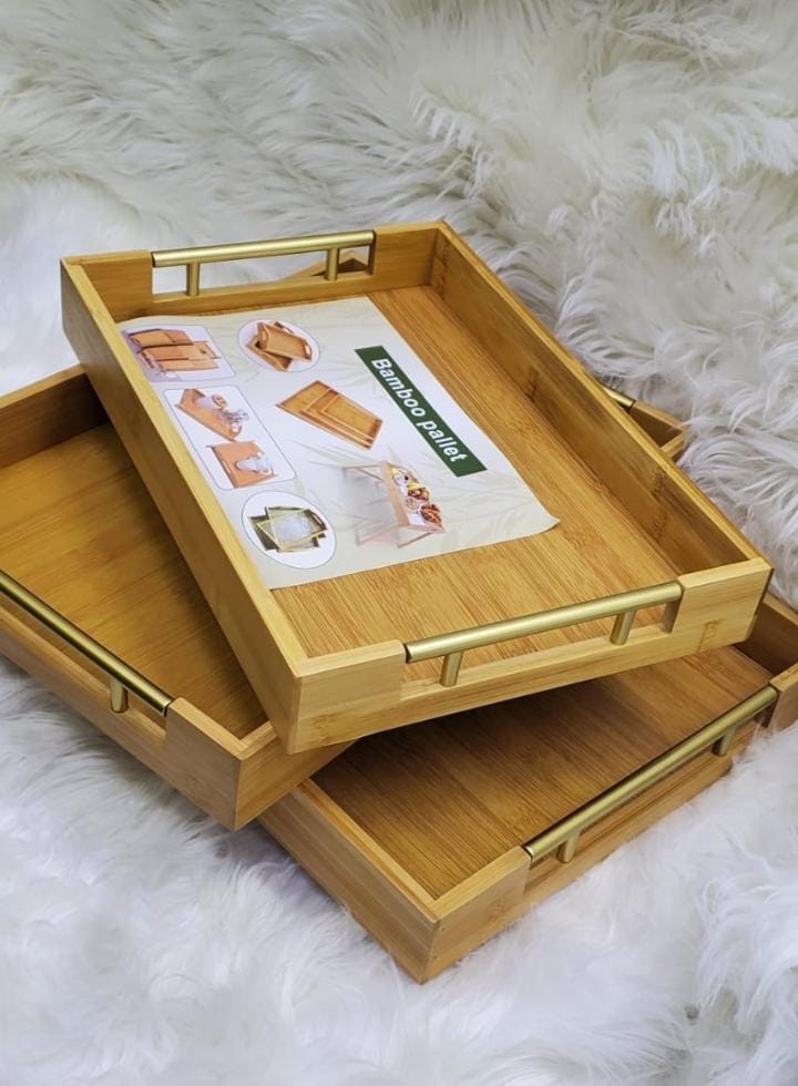 3-in-1 Bamboo Serving Tray Set with Gold Handles – 3 Sizes
