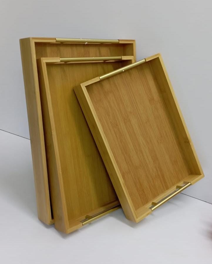 3-in-1 Bamboo Serving Tray Set with Gold Handles – 3 Sizes