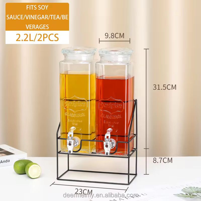 2.2L Glass Juice & Drink Dispenser with Black Metal Stand – Single, Double or Triple Set