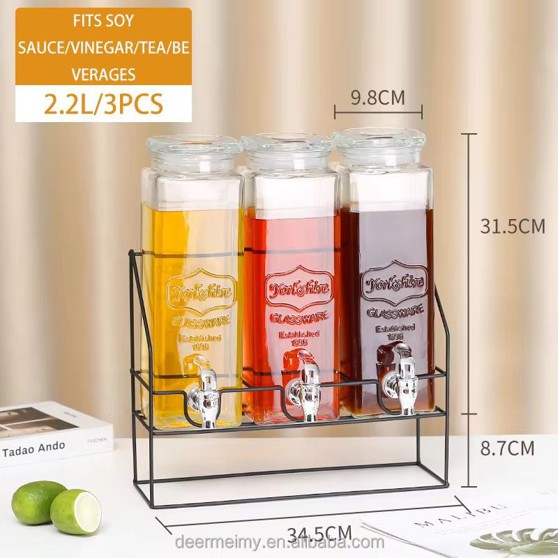 2.2L Glass Juice & Drink Dispenser with Black Metal Stand – Single, Double or Triple Set