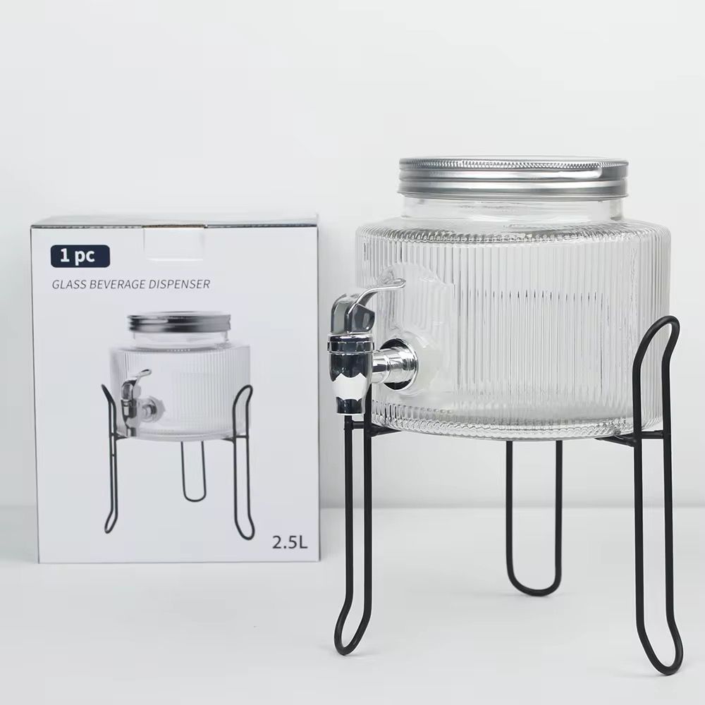 2.5L Ribbed Glass Juice & Drink Dispenser with Black Metal Stand – Single or Double Set