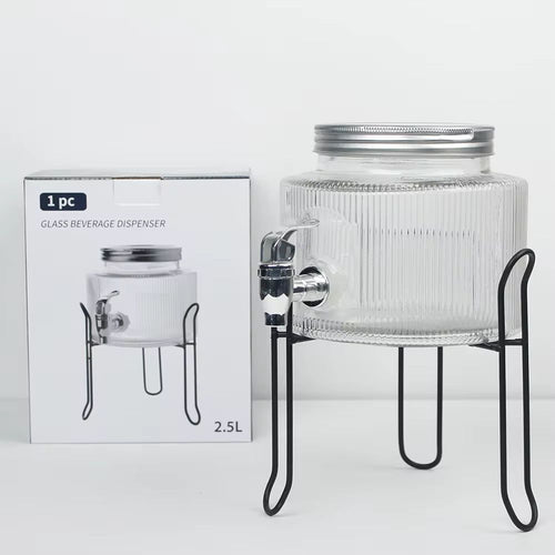 2.5L Ribbed Glass Juice & Drink Dispenser with Black Metal Stand – Single or Double Set