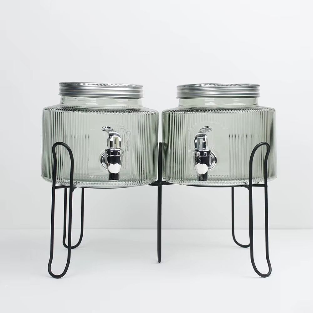 2.5L Ribbed Glass Juice & Drink Dispenser with Black Metal Stand – Single or Double Set