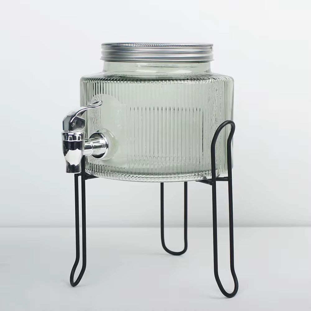 2.5L Ribbed Glass Juice & Drink Dispenser with Black Metal Stand – Single or Double Set