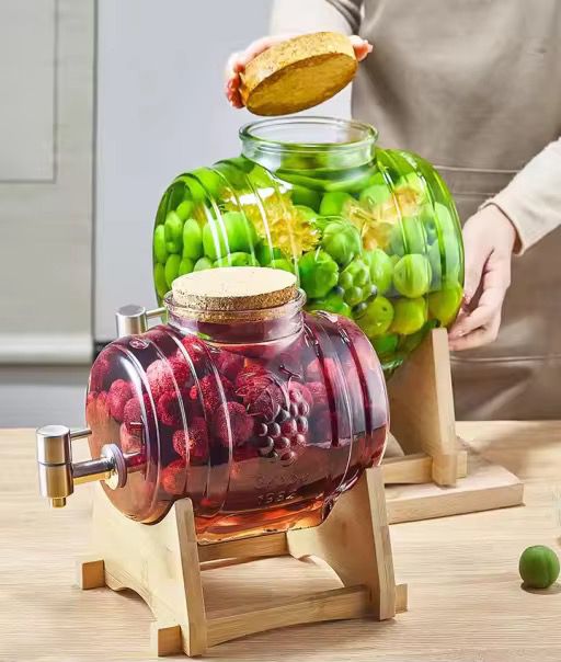 5L Barrel Design Glass Juice & Drink Dispenser with Bamboo Base & Bamboo Lid
