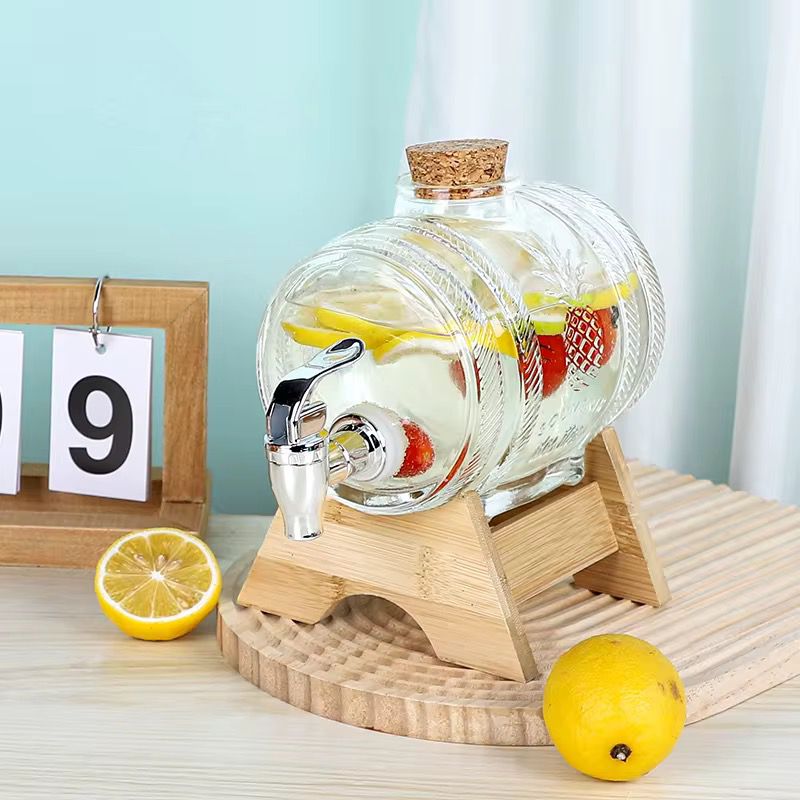 5L Barrel Design Glass Juice & Drink Dispenser with Bamboo Base & Bamboo Lid