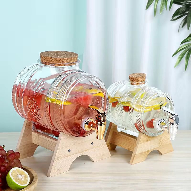 5L Barrel Design Glass Juice & Drink Dispenser with Bamboo Base & Bamboo Lid