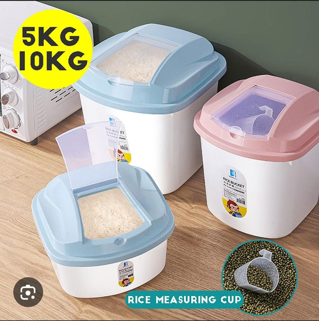 Plastic Rice & Cereal Storage Bucket with Lid & Measuring Cup | 5KG & 10KG