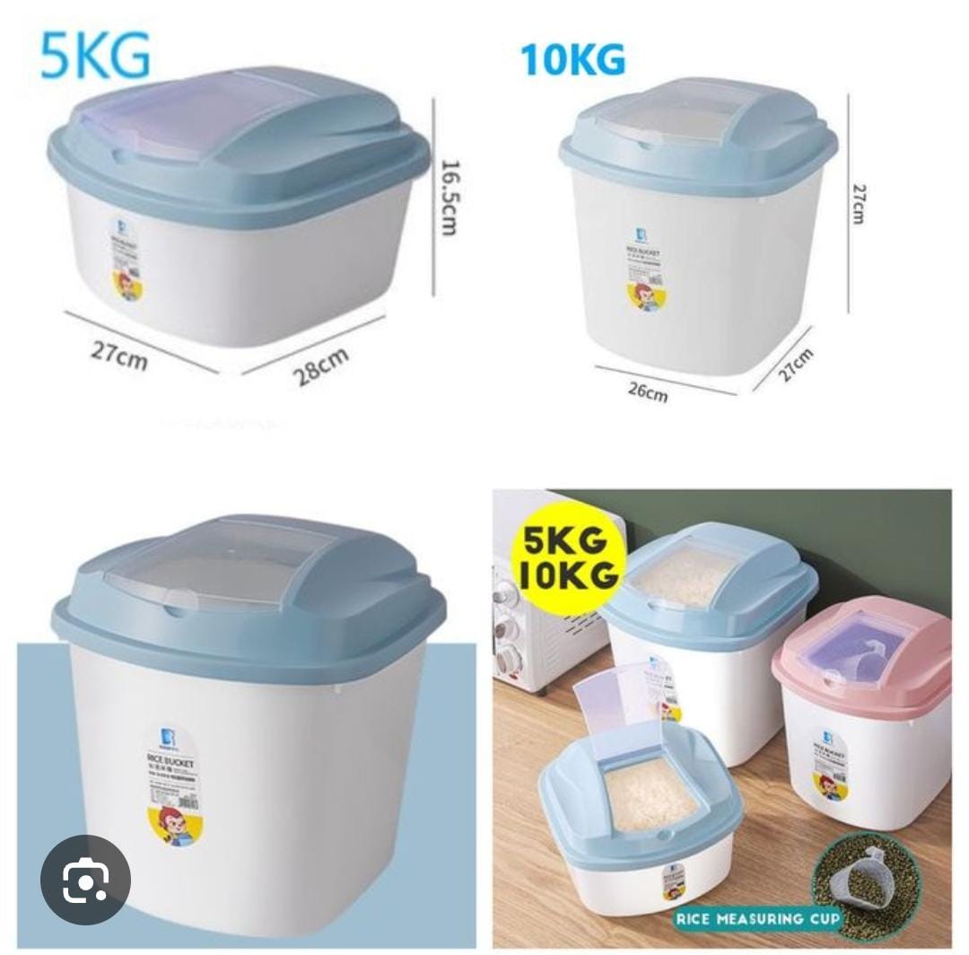 Plastic Rice & Cereal Storage Bucket with Lid & Measuring Cup | 5KG & 10KG