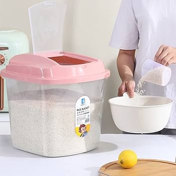 Plastic Rice & Cereal Storage Bucket with Lid & Measuring Cup | 5KG & 10KG