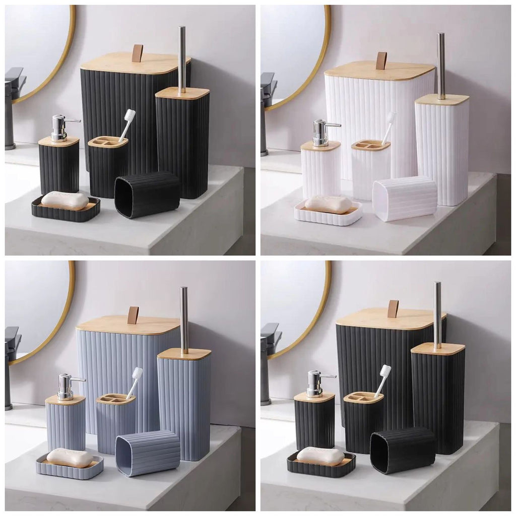 6-Piece Luxury Bathroom Accessories Set with Bamboo Lid – 4 Colours (Dark Grey/White/Blue Grey/Black)